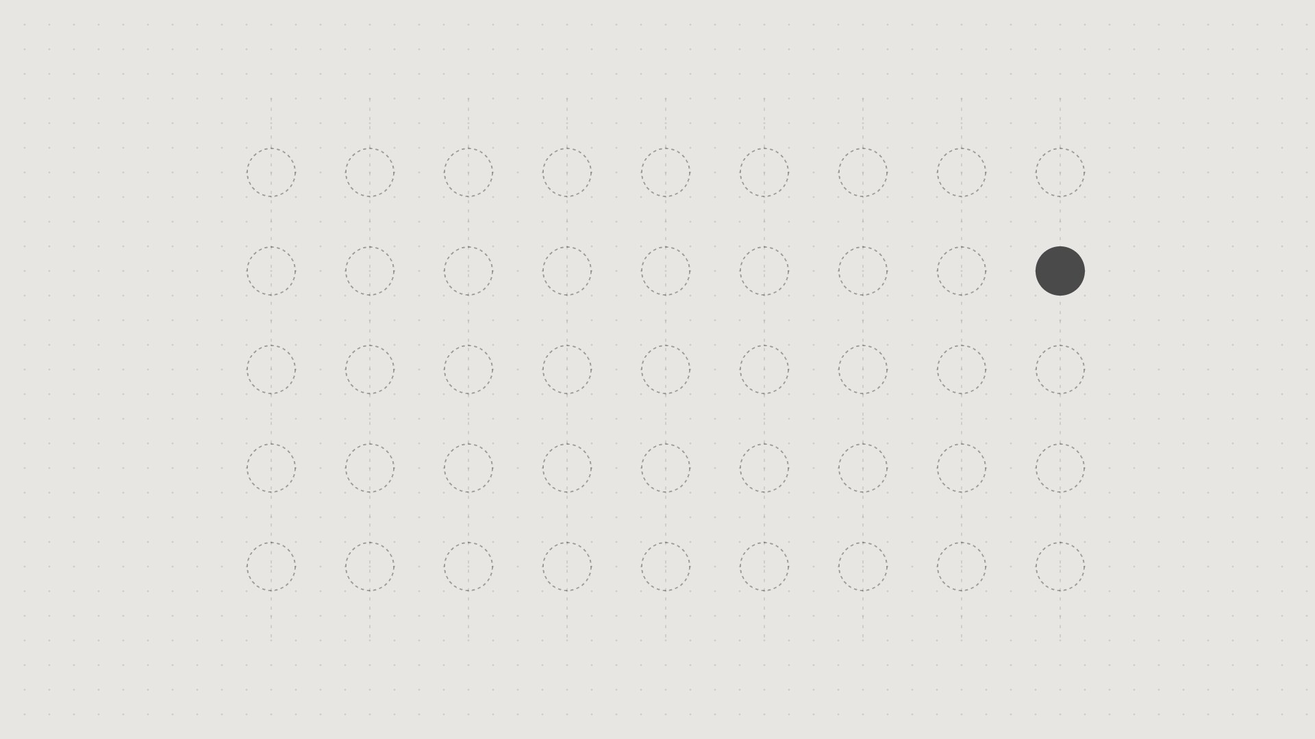 Line drawing of dashed circles strung in columns on vertical lines, with one solid circle on the right